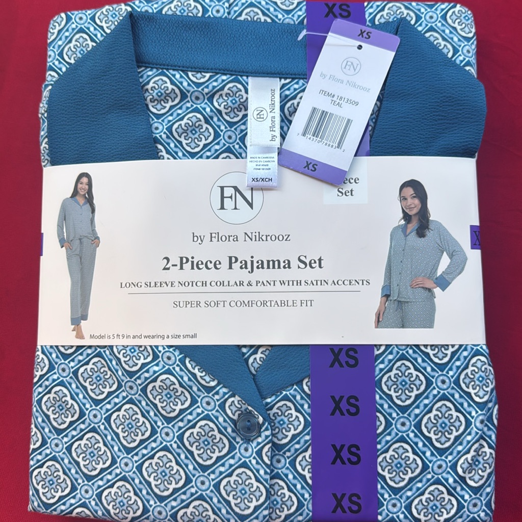 Flora Nikrooz Fn 2 Piece Super Soft Satin Trim Notch Collar Pajama Sleep Lounge